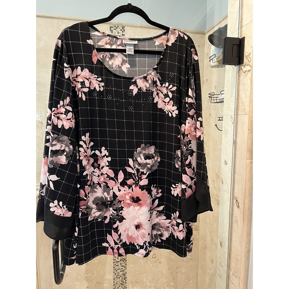 Catherines Sz 2X Black pink Art Floral Lux 3/4 Tunic Shirt Top Delicious Jersey